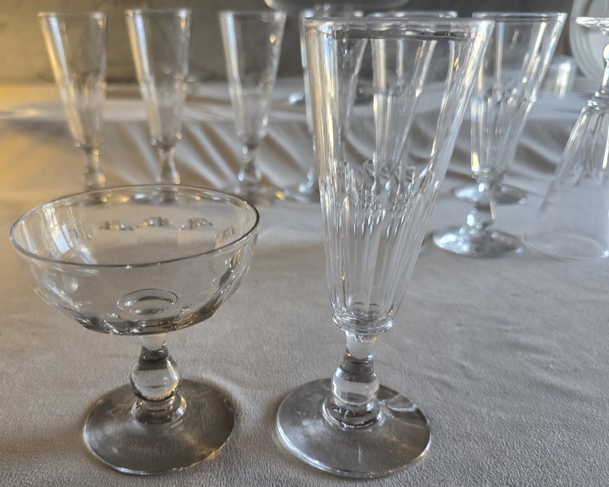 Lotto di 12 antiche flutes da champagne in cristallo molato, inizio '900-photo-6