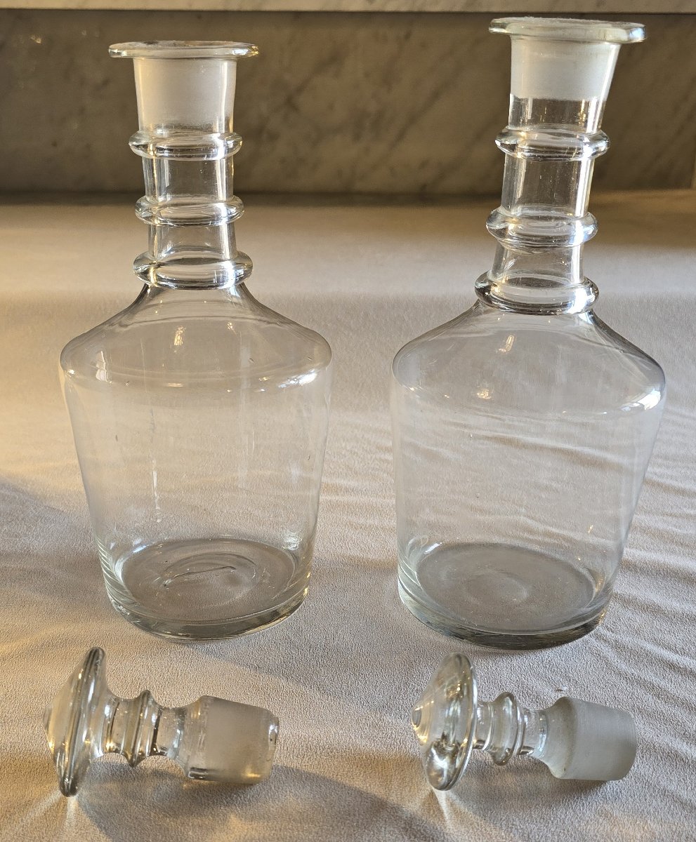 Coppia di antiche bottiglie in vetro o cristallo sottile soffiato, Francia 1890-1910-photo-3
