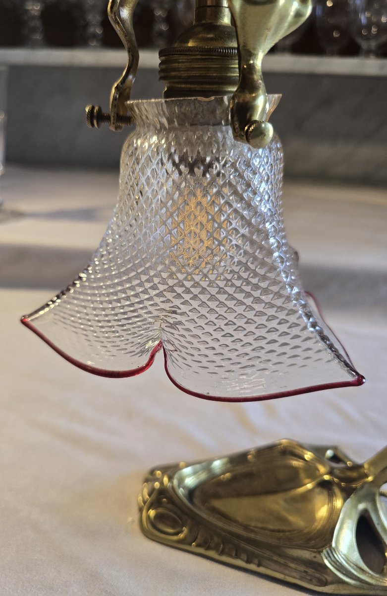 Lampada da tavolo applique Liberty in ottone e vetro, 1920 circa-photo-2