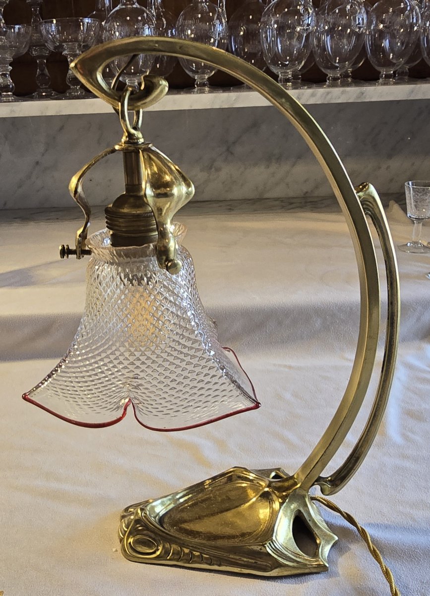 Lampada da tavolo applique Liberty in ottone e vetro, 1920 circa-photo-4
