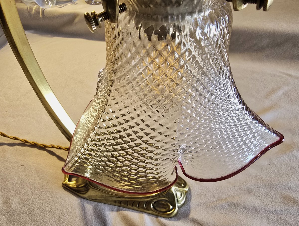 Lampada da tavolo applique Liberty in ottone e vetro, 1920 circa-photo-2