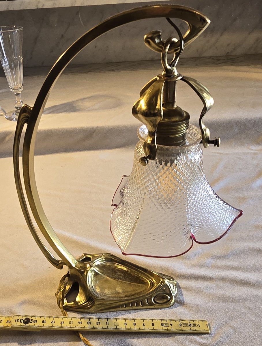 Lampada da tavolo applique Liberty in ottone e vetro, 1920 circa-photo-6