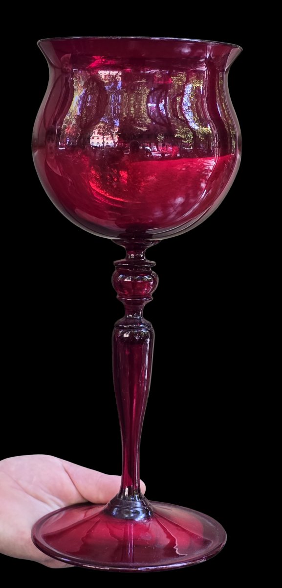 Grande calice antico in vetro soffiato rosso rubino, Murano 1940 circa-photo-2