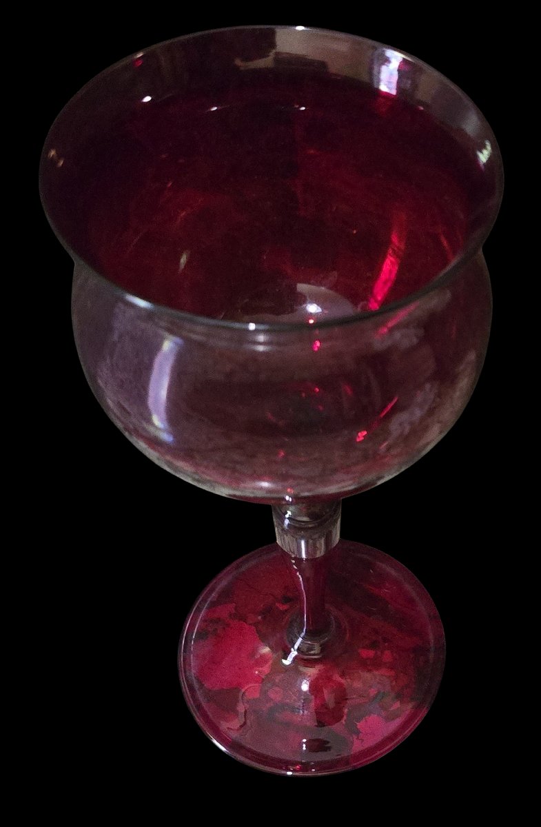 Grande calice antico in vetro soffiato rosso rubino, Murano 1940 circa-photo-3
