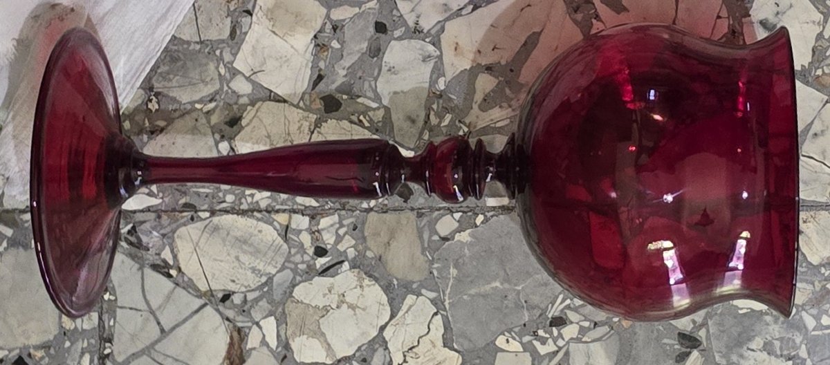 Grande calice antico in vetro soffiato rosso rubino, Murano 1940 circa-photo-4