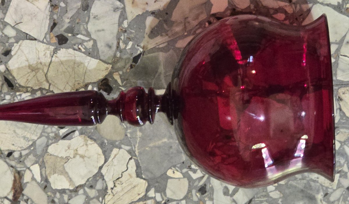 Grande calice antico in vetro soffiato rosso rubino, Murano 1940 circa-photo-1