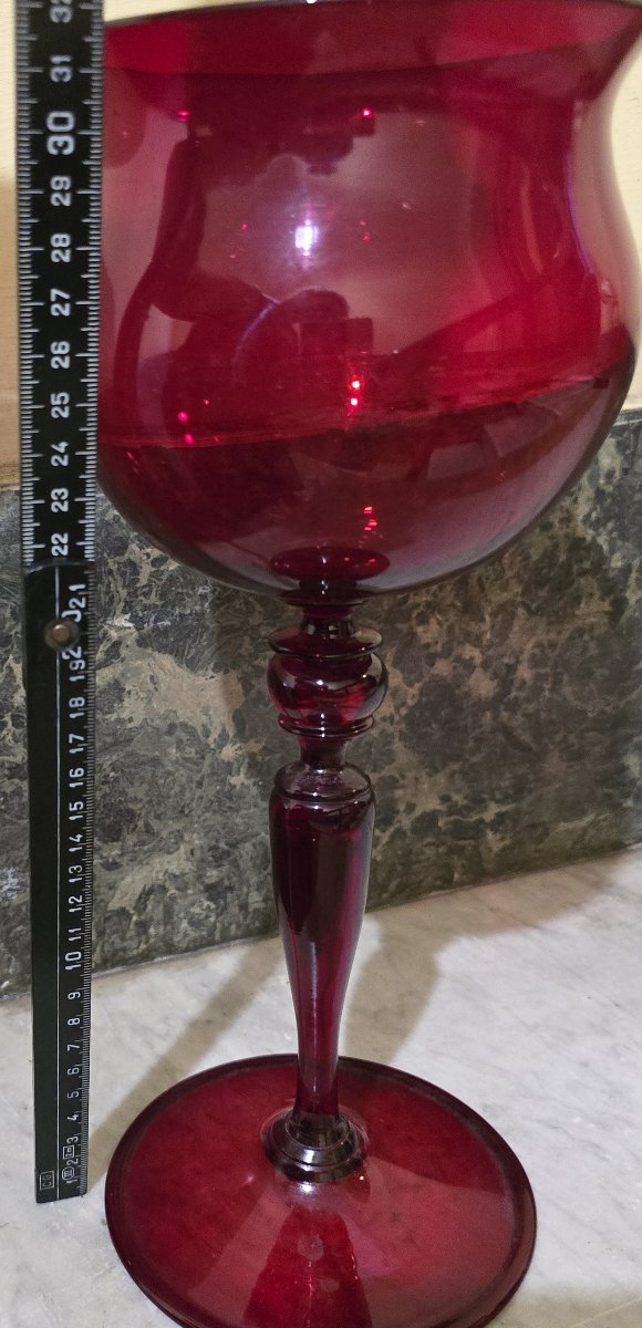 Grande calice antico in vetro soffiato rosso rubino, Murano 1940 circa-photo-6
