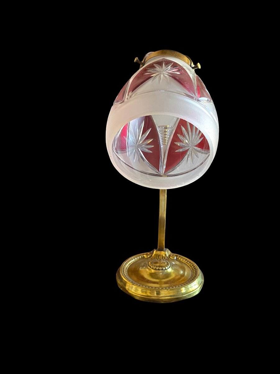 Lampada da tavolo antica  in ottone con abat-jour in cristallo molato, inizio '900-photo-2