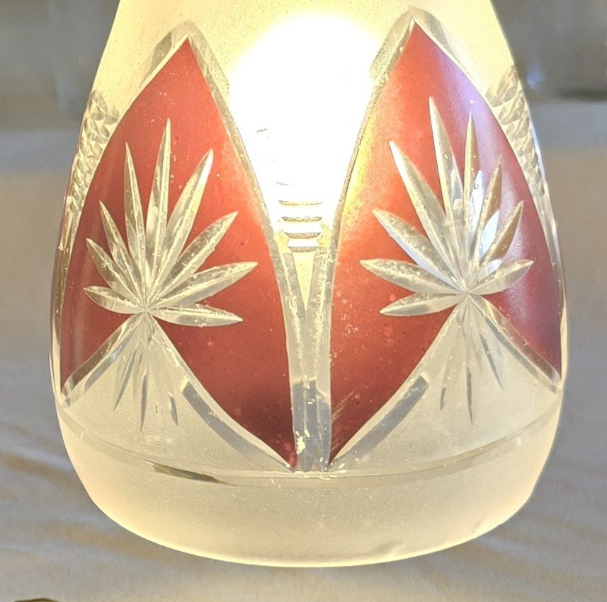 Lampada da tavolo antica  in ottone con abat-jour in cristallo molato, inizio '900-photo-7