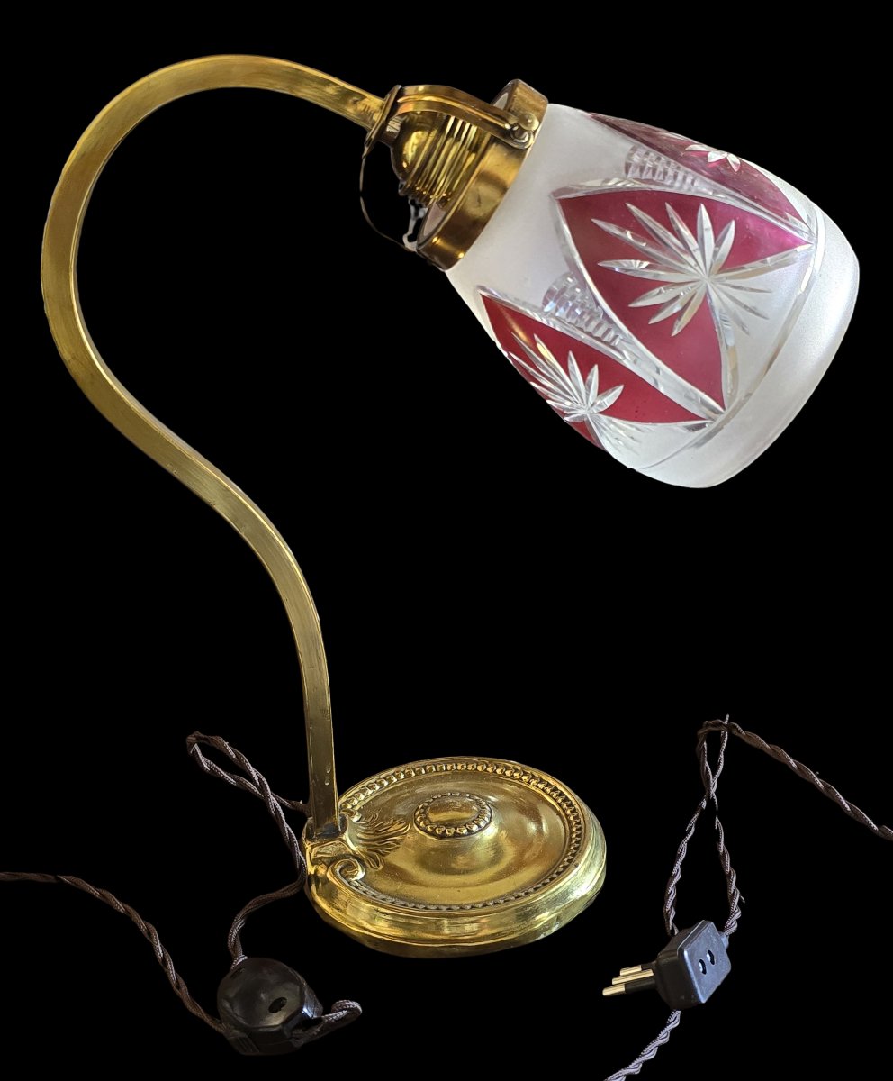 Lampada da tavolo antica  in ottone con abat-jour in cristallo molato, inizio '900