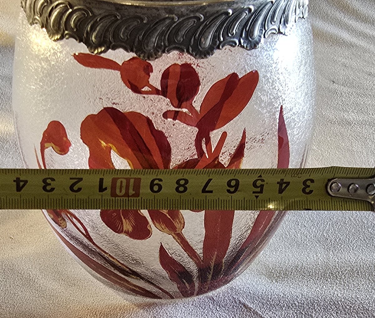 secchiello portabiscotti in vetro inciso  e dipinto montatura in metallo argentato, fine 800-photo-6