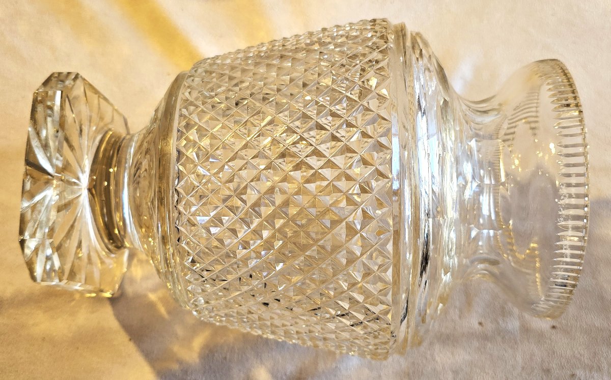 Antico vaso da fiori  in cristallo molato a mano decoro a punte di diamante-photo-2