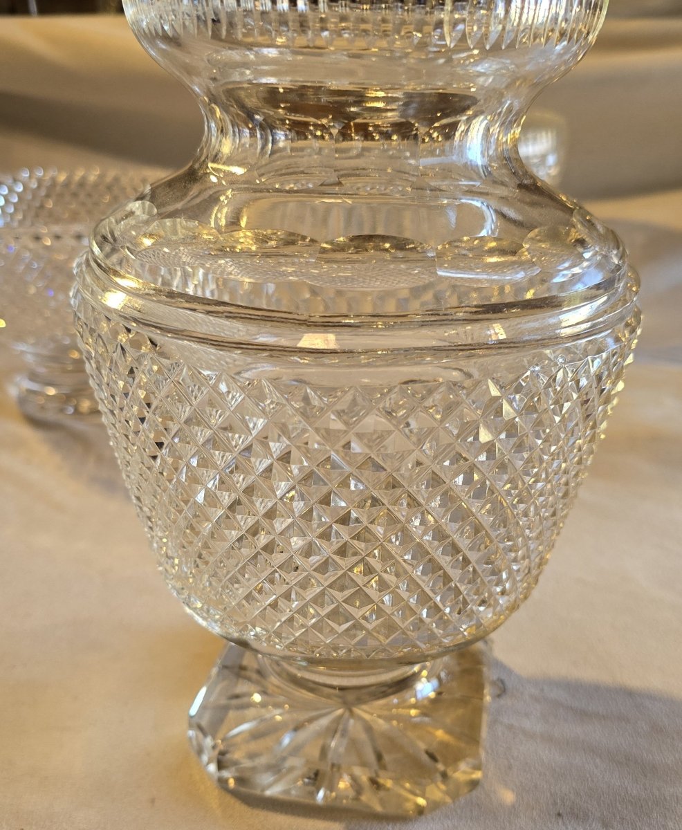 Antico vaso da fiori  in cristallo molato a mano decoro a punte di diamante-photo-3