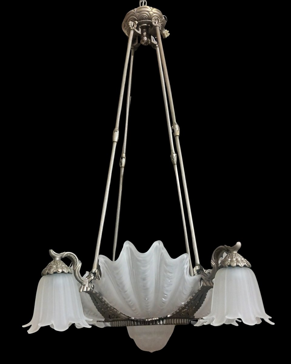 Lampadario Art Decò a 9 luci in bronzo e vetro, Francia 1925-1930, restaurato-photo-2