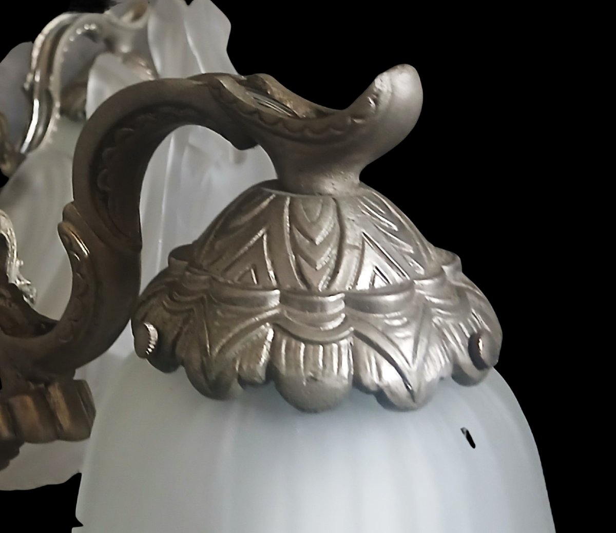 Lampadario Art Decò a 9 luci in bronzo e vetro, Francia 1925-1930, restaurato-photo-4