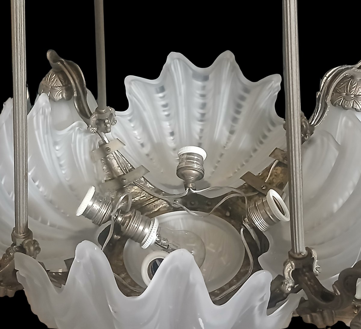 Lampadario Art Decò a 9 luci in bronzo e vetro, Francia 1925-1930, restaurato-photo-7