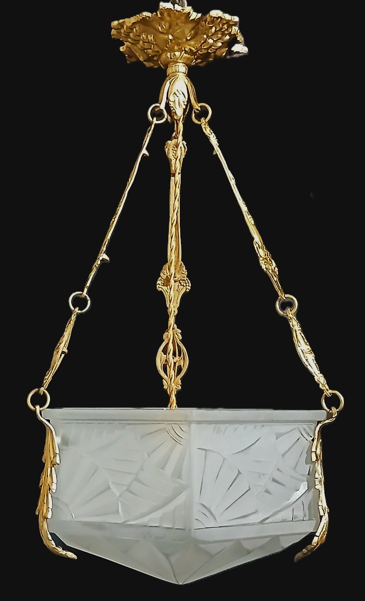 Lampadario a sospensione Art Déco firmato Degué, Francia, circa 1925