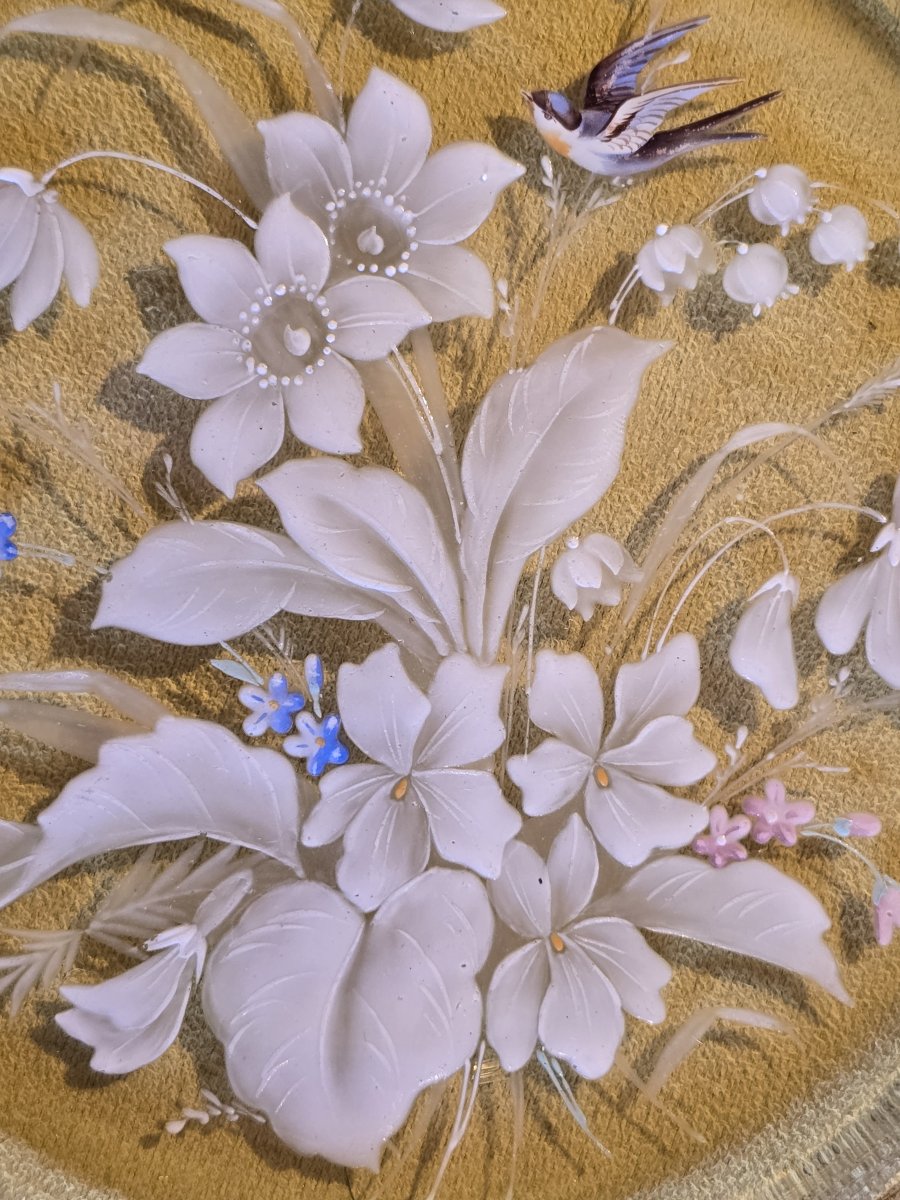 Antico piatto in vetro con decoro floreale a smalto, Francia finne '800-photo-3