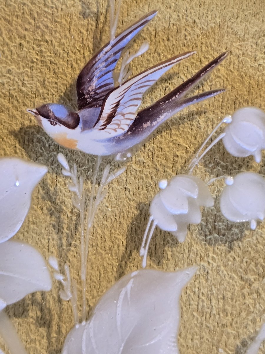 Antico piatto in vetro con decoro floreale a smalto, Francia finne '800-photo-4
