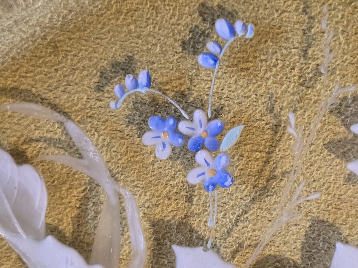 Antico piatto in vetro con decoro floreale a smalto, Francia finne '800-photo-1