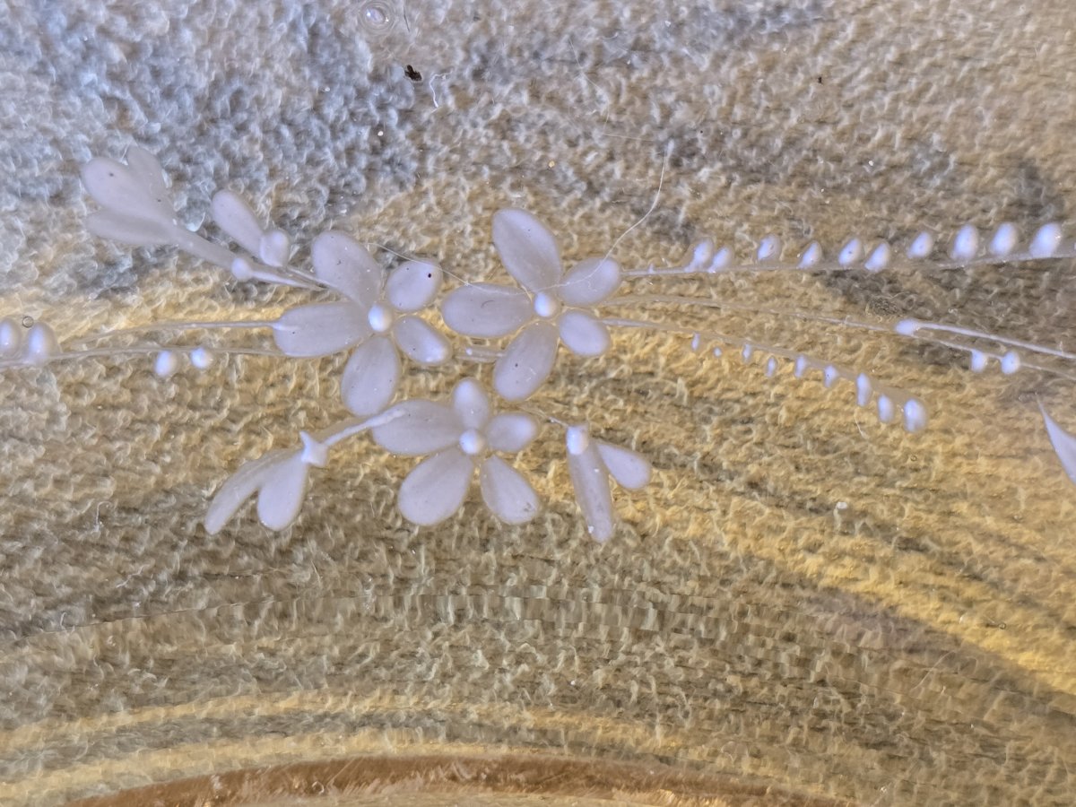 Antico piatto in vetro con decoro floreale a smalto, Francia finne '800-photo-2