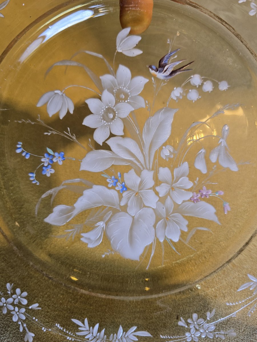 Antico piatto in vetro con decoro floreale a smalto, Francia finne '800-photo-4