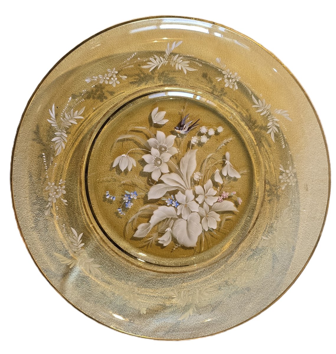 Antico piatto in vetro con decoro floreale a smalto, Francia finne '800