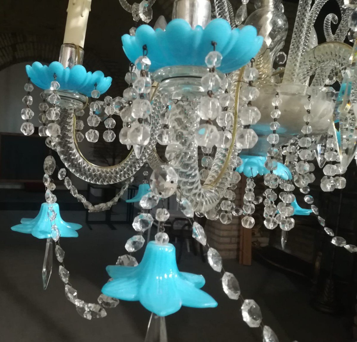 lampadario antico  cristallo di Boemia 6 luci  bobèches e fiori opalina turchese-photo-3