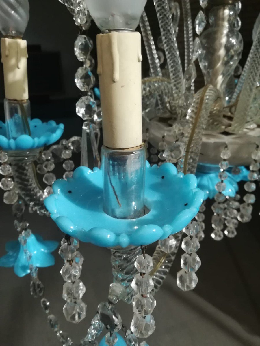 lampadario antico  cristallo di Boemia 6 luci  bobèches e fiori opalina turchese-photo-1