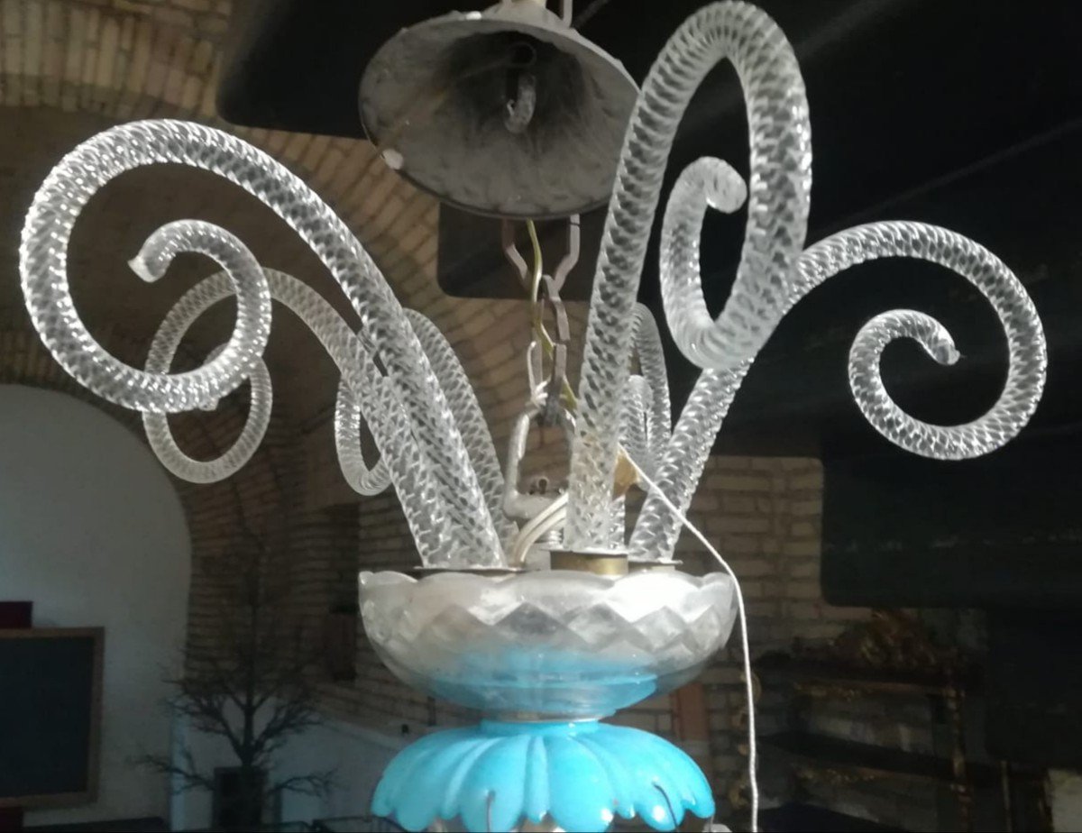 lampadario antico  cristallo di Boemia 6 luci  bobèches e fiori opalina turchese-photo-2
