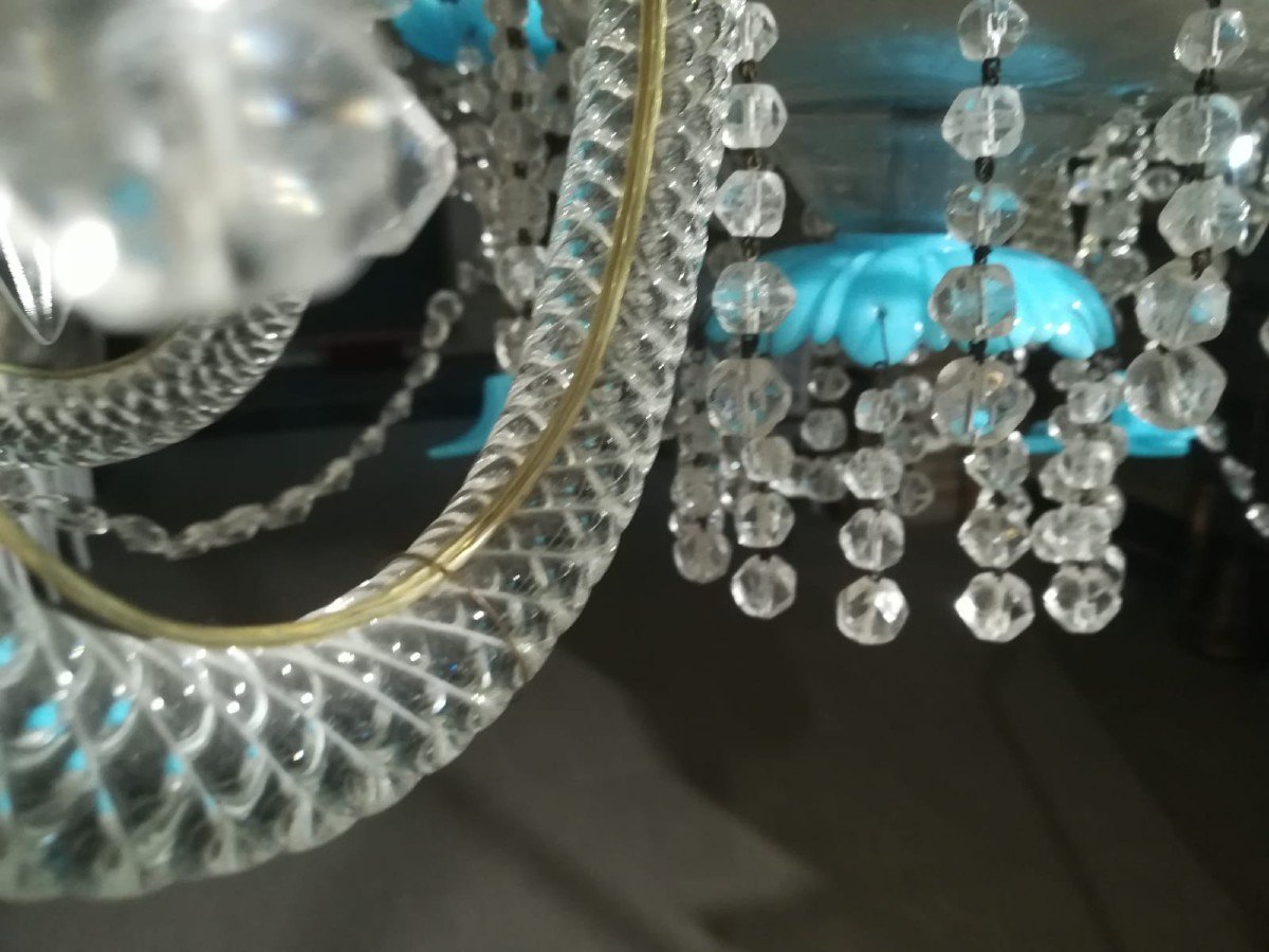 lampadario antico  cristallo di Boemia 6 luci  bobèches e fiori opalina turchese-photo-4