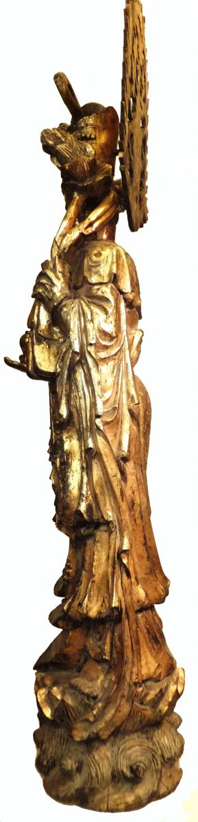 Grande statua antica di Guanin in legno dorato alta 140 cm-photo-2