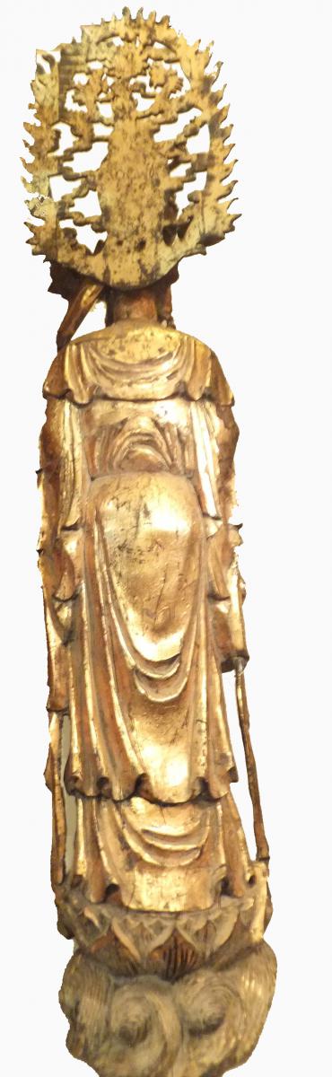 Grande statua antica di Guanin in legno dorato alta 140 cm-photo-3