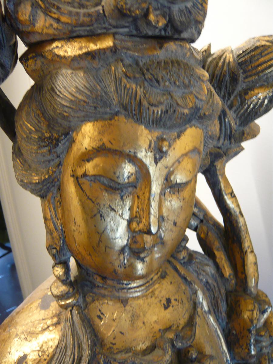 Grande statua antica di Guanin in legno dorato alta 140 cm-photo-4