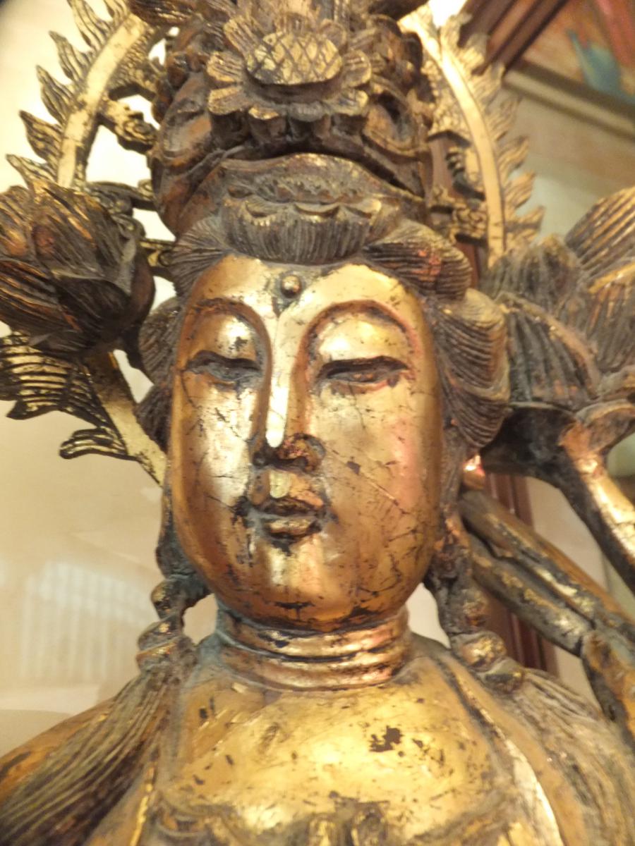 Grande statua antica di Guanin in legno dorato alta 140 cm-photo-2