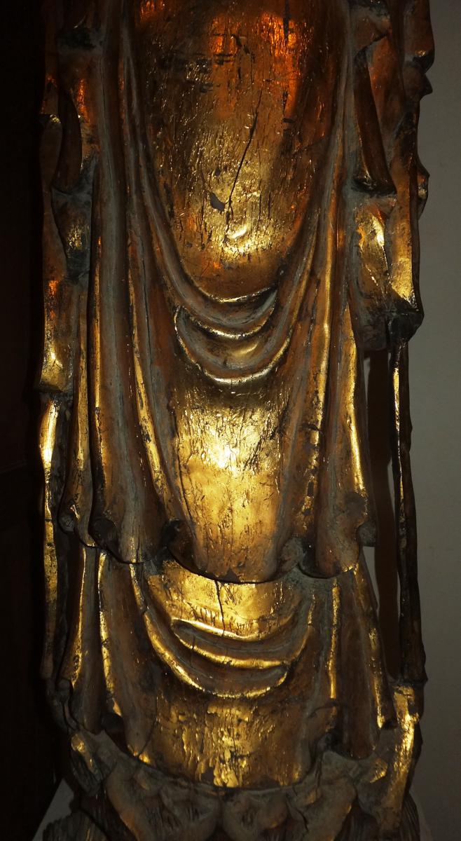 Grande statua antica di Guanin in legno dorato alta 140 cm-photo-4