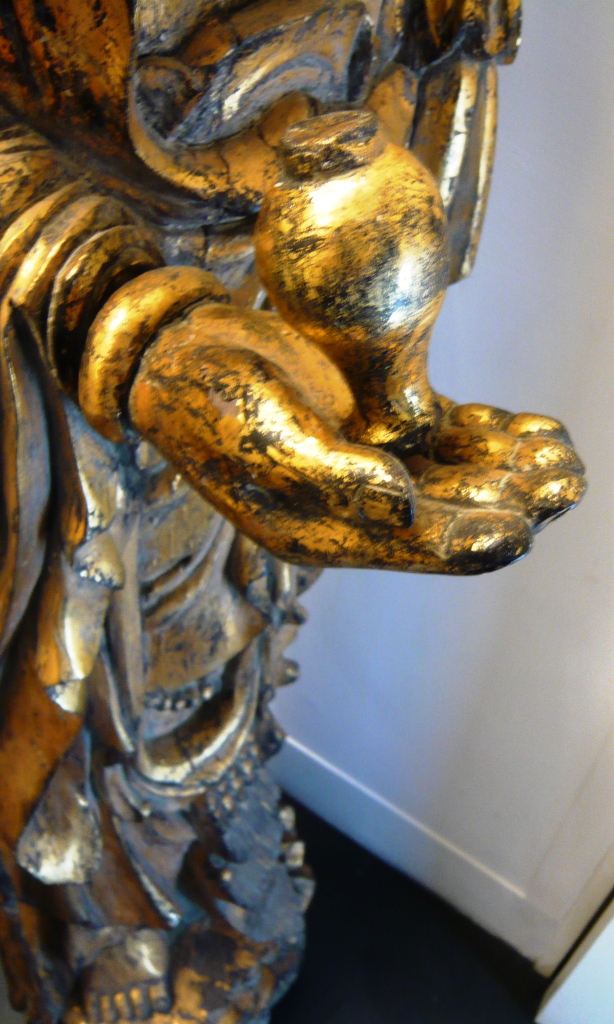 Grande statua antica di Guanin in legno dorato alta 140 cm-photo-5