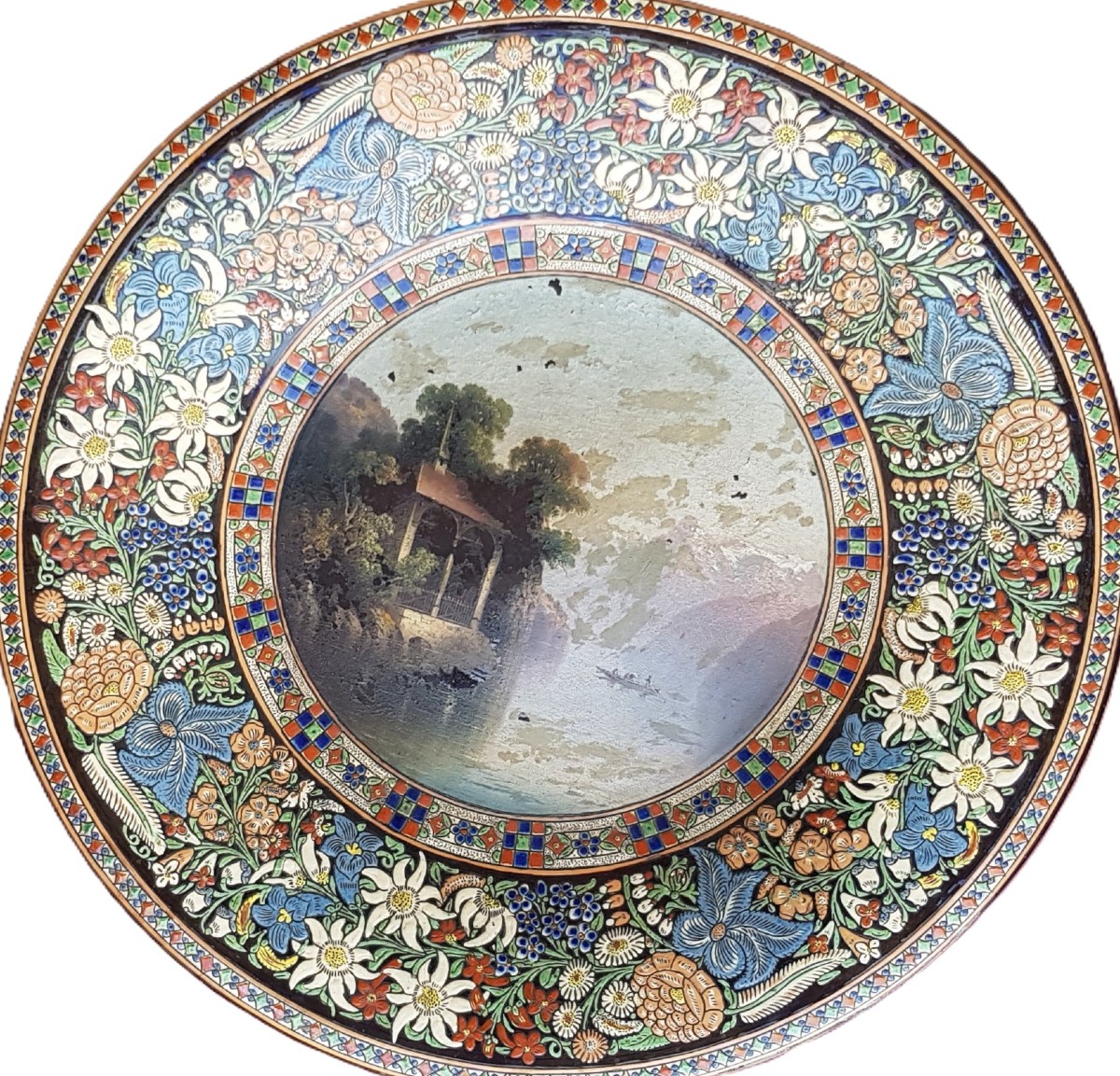Antico Piatto Molto Grande In Ceramica Smaltata E Dipinta Thoune XIX S Diametro 50 Cm-photo-2