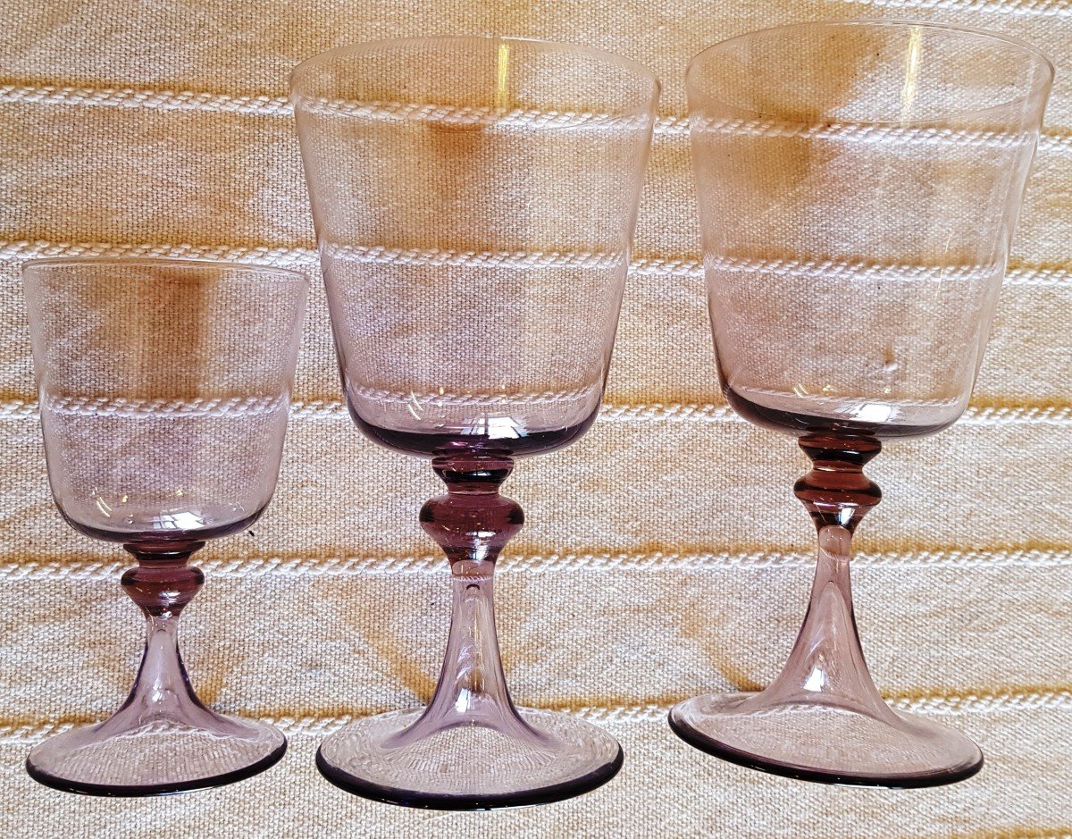 Trois Verres Sur Pied Anciens Murano Couleur Violette-photo-4