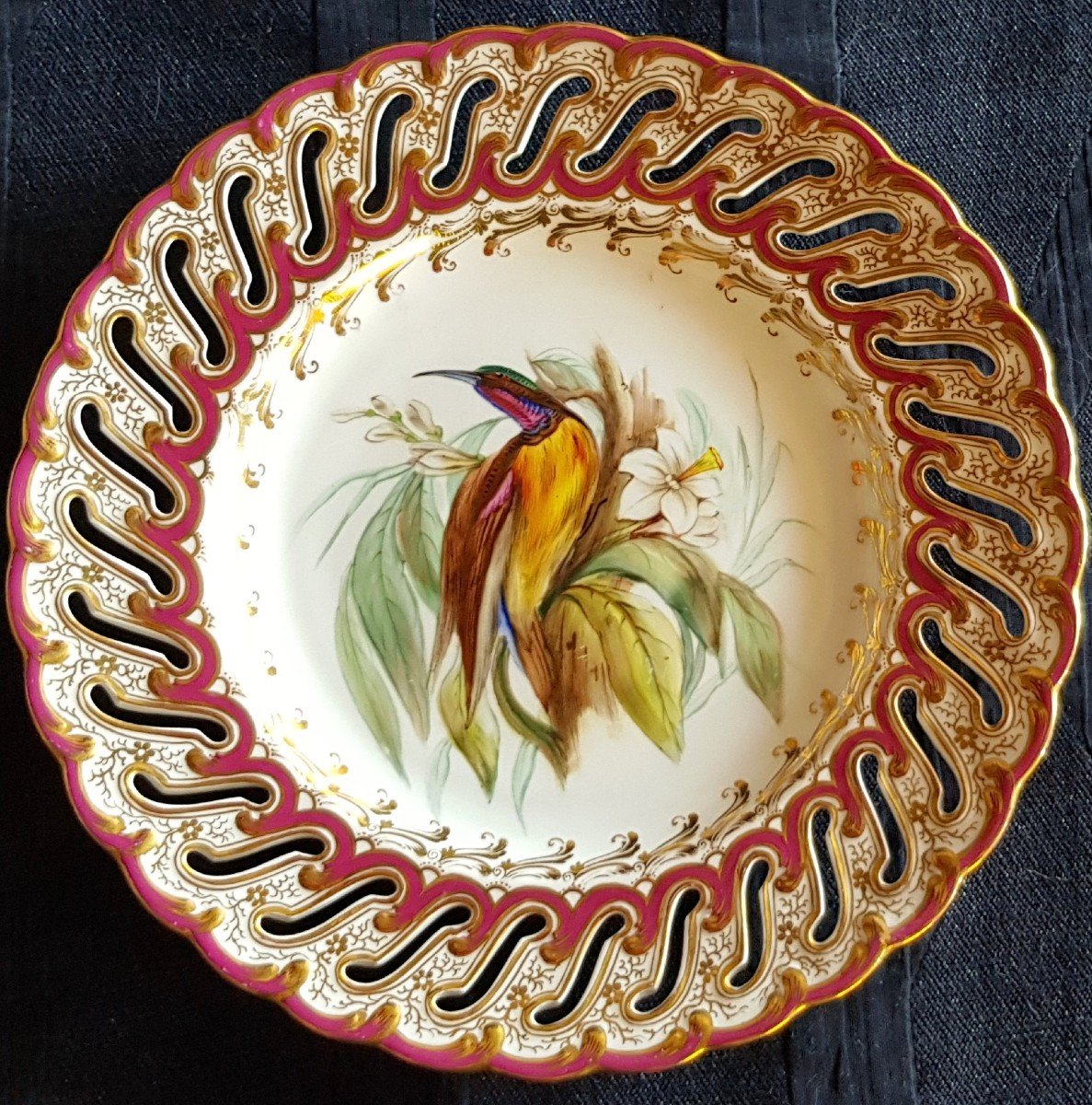 Assiette Anglaise XIX S Porcelaine Ajourée Et Peinte à  La Main Oiseau Du Paradis