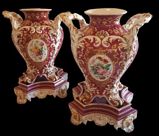 Paire De Vases Sur Socle En Porcelaine De Paris Jacob Petit