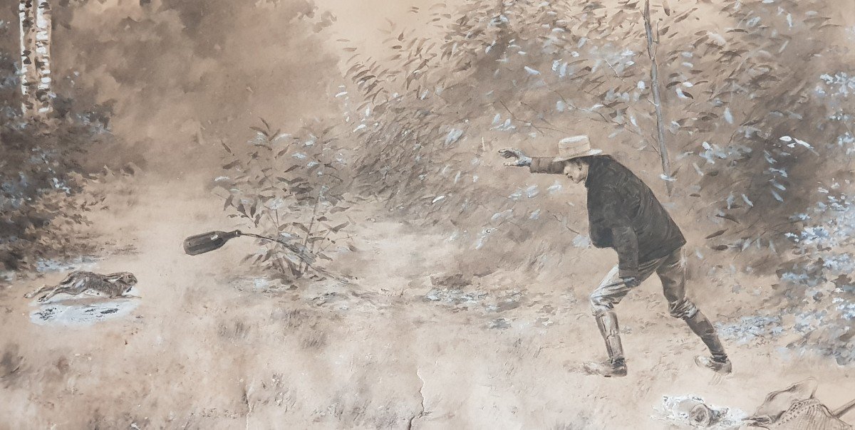 Oeuvre Sur Papier Encadrée Gouache Et Encre De Chine Chasse Au Lièvre-photo-2