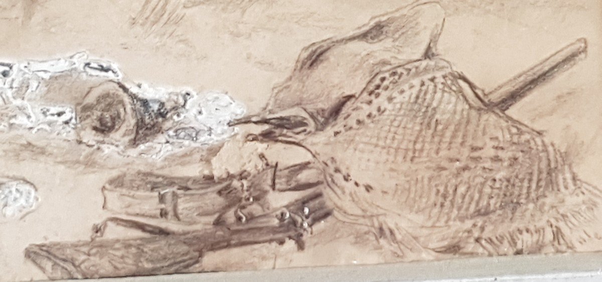 Oeuvre Sur Papier Encadrée Gouache Et Encre De Chine Chasse Au Lièvre-photo-3