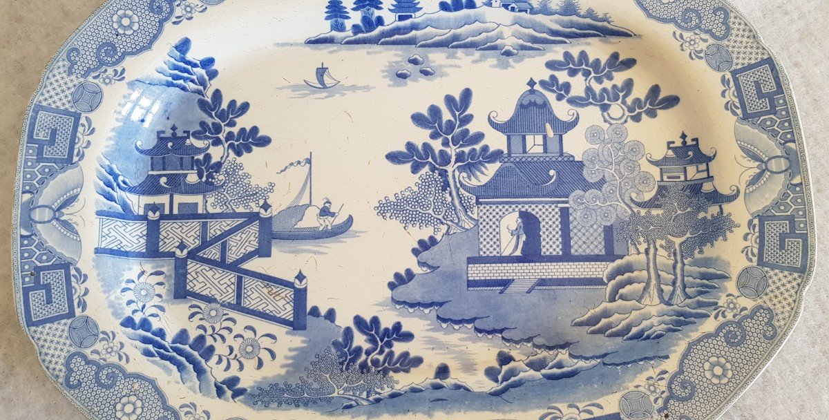 Grand Plat Faience Anglaise Decor Chinoiserie Bleu Et Blanc Par Davenport c.1793-1810  cm 34x46 -photo-3