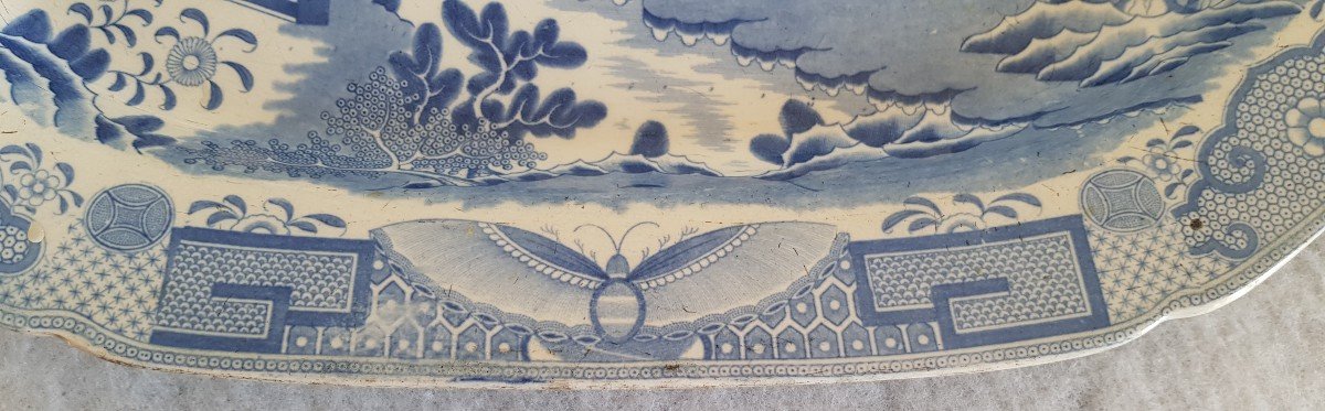 Grand Plat Faience Anglaise Decor Chinoiserie Bleu Et Blanc Par Davenport c.1793-1810  cm 34x46 -photo-4