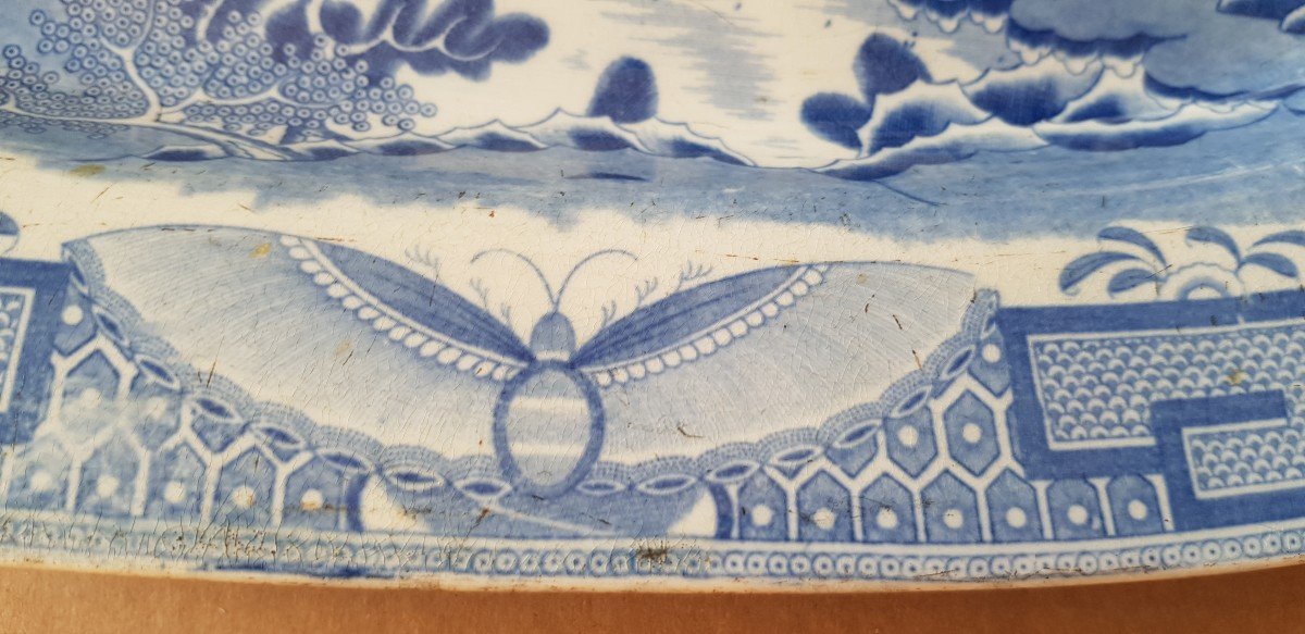 Grand Plat Faience Anglaise Decor Chinoiserie Bleu Et Blanc Par Davenport c.1793-1810  cm 34x46 -photo-5