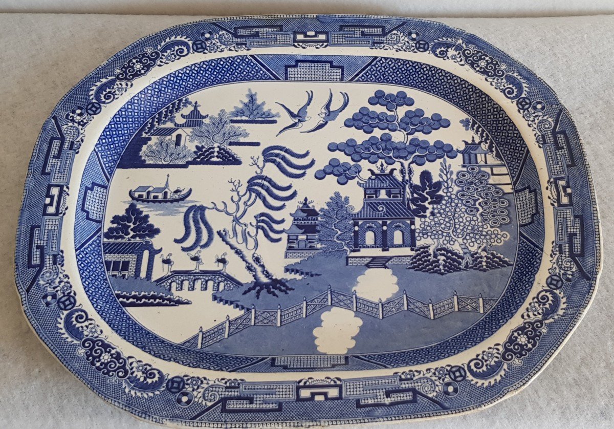 Grand Plat Faience Anglaise Decor Chinoiserie Bleu Et Blanc Debut XIX S Cm 42,5x52,5-photo-2