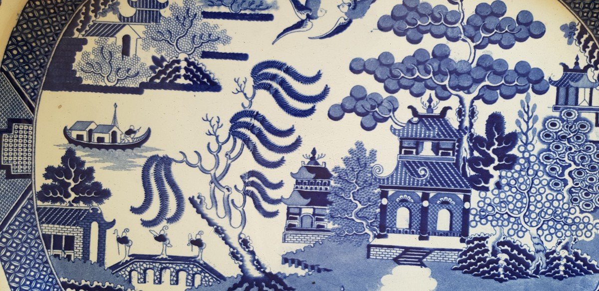 Grand Plat Faience Anglaise Decor Chinoiserie Bleu Et Blanc Debut XIX S Cm 42,5x52,5-photo-3