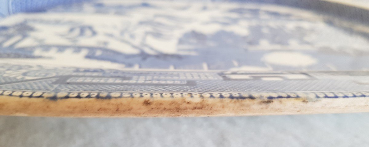 Grand Plat Faience Anglaise Decor Chinoiserie Bleu Et Blanc Debut XIX S Cm 42,5x52,5-photo-7
