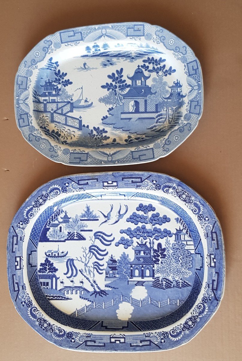 Grand Plat Faience Anglaise Decor Chinoiserie Bleu Et Blanc Debut XIX S Cm 42,5x52,5-photo-8